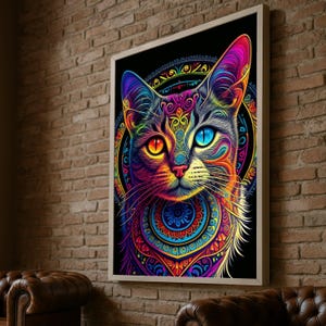 Vibrant Mystic Cat Canvas Wall Art, Psychedelic Cat Portrait, Colorful Tribal Pattern, Unique Animal Home Decor, Modern Ready to Hang Canvas