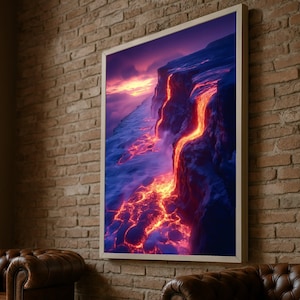 Volcanic Lava Flow Canvas, Fiery Volcano Wall Art, Molten Lava Cliff, Dramatic Nature Landscape, Sunset Volcano Scene, Bold Home Decoration