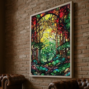 Stained Glass Forest Canvas, Colorful Tree Wall Art, Nature Landscape Canvas, Vibrant Woodland Decor, Abstract Forest Painting
