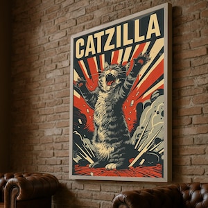 Catzilla Cat Poster Canvas, Vintage Monster Cat Wall Art, Retro Pop Art Canvas, Fun Animal Art Decor, Playful Home Decoration