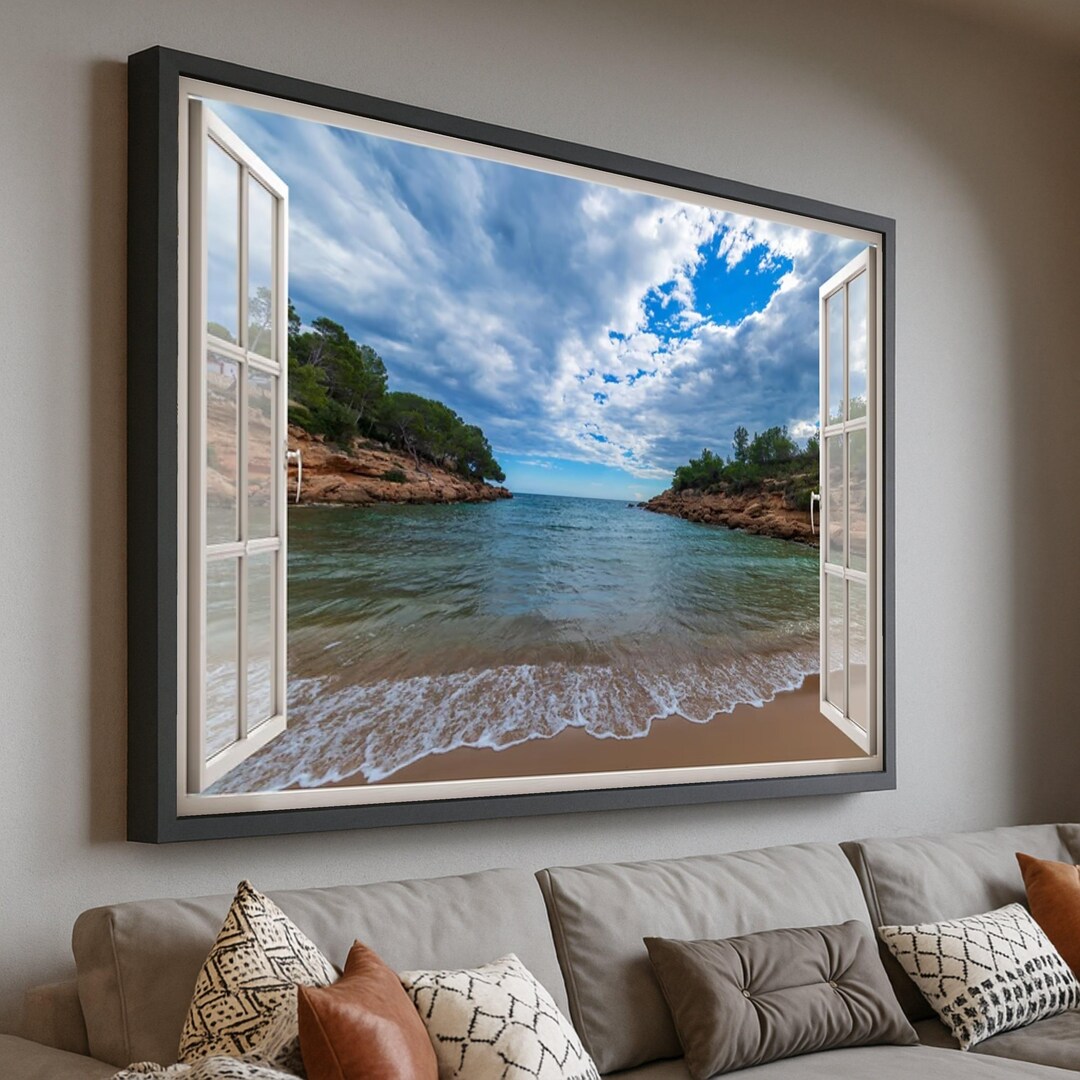 Ocean View Through Open Window Canvas, Seaside Beach Wall Art, Coastal ...
