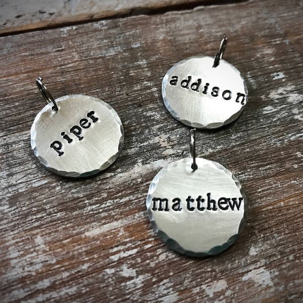 Stamped Name Tag - Wedding Gift Tag - Custom Metal Name Charm- Silver Disc Charm - Personalized Charm