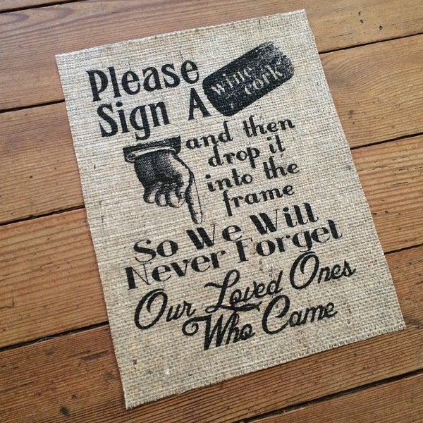 Burlap "Please Sign A Wine Cork" - Guestbook Alternative - Wooden Hearts Shadowbox - Rustic Wedding Burlap Decor - Burlap Marriage Decor