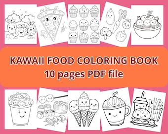 Libro para colorear de comida kawaii para adultos, 10 páginas, archivo PDF