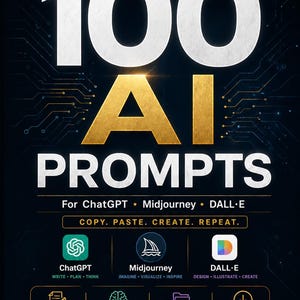 May include: A digital graphic advertising "100 AI Prompts" for ChatGPT, Midjourney, and DALL-E. The design uses large white and gold text on a dark background, with icons and the tagline "Copy. Paste. Create. Repeat."