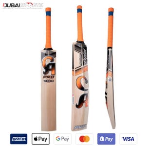 May include: Three cricket bats with orange grips and blue accents. The bats have a light wood finish with black and orange graphics. The text "CA PRO 5000" and "PRO" are visible on the bats. The image also includes payment method logos.