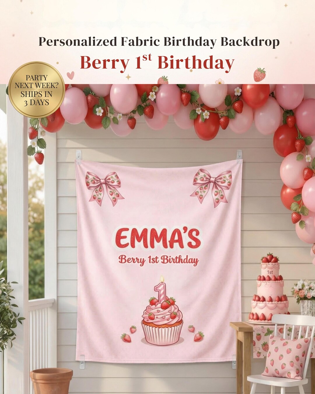 Personalized Berry 1st Birthday Backdrop | Strawberry Photo Blanket ...