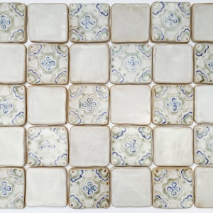 Handmade Geo Floral/ Plain Chalk ceramic tile mix set of 30, Decorative artisan tiles, Handcrafted ceramic tiles.