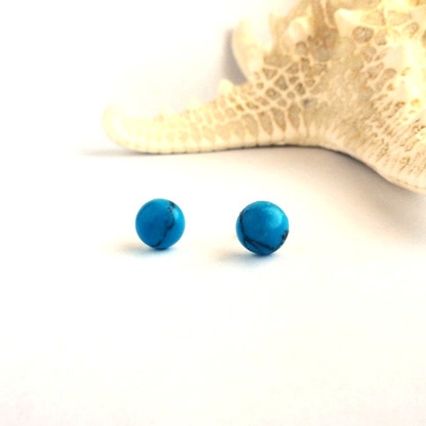 Turquoise earrings - blue gemstone studs, post - everyday small beach set - ocean sky blue - minimalist, retro mod jewelry gift for her