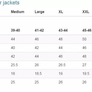 May include: A white size chart for leather jackets, with measurements in inches. The chart includes sizes XS to TXXL, detailing chest, waist, hip, front length, shoulder, and sleeve measurements for each size. The text "Men's size chart for leather jackets" is at the top.