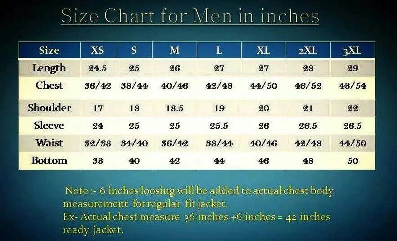 May include: A size chart for men's jackets, displaying measurements in inches. The chart includes sizes XS to 3XL, with measurements for length, chest, shoulder, sleeve, waist, and bottom. Additional notes are included.