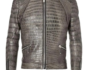 Chaqueta de motociclista de piel de cocodrilo para hombre: Prendas de abrigo de lujo hechas a mano.