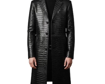 Gabardina larga de piel auténtica con relieve de cocodrilo para hombre – Abrigo motero negro