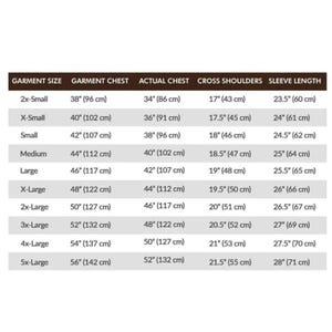 May include: A garment size chart showing measurements in both inches and centimetres. Sizes range from 2x-small to 5x-large, detailing garment chest, actual chest, cross shoulders, and sleeve length.