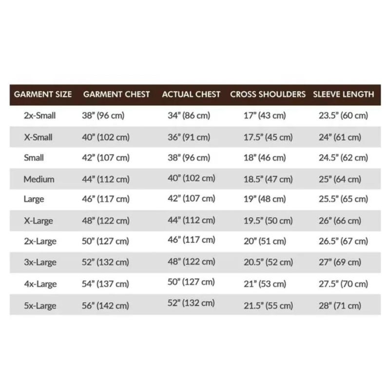 May include: A garment size chart showing measurements in both inches and centimetres. Sizes range from 2x-small to 5x-large, detailing garment chest, actual chest, cross shoulders, and sleeve length.