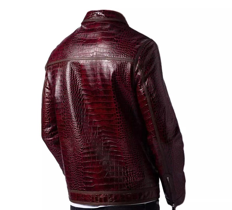 Puede incluir: Chaqueta de cuero burdeos con textura de piel de cocodrilo. La chaqueta tiene cuello alto, cierre de cremallera y ribetes marrones. La vista trasera muestra el dise&ntilde;o y los detalles de costura.