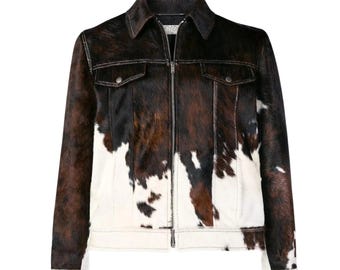 Men’s Real Cowhide Hair-On Leather Jacket Cow Skin Print Pony Hair Casual Coat