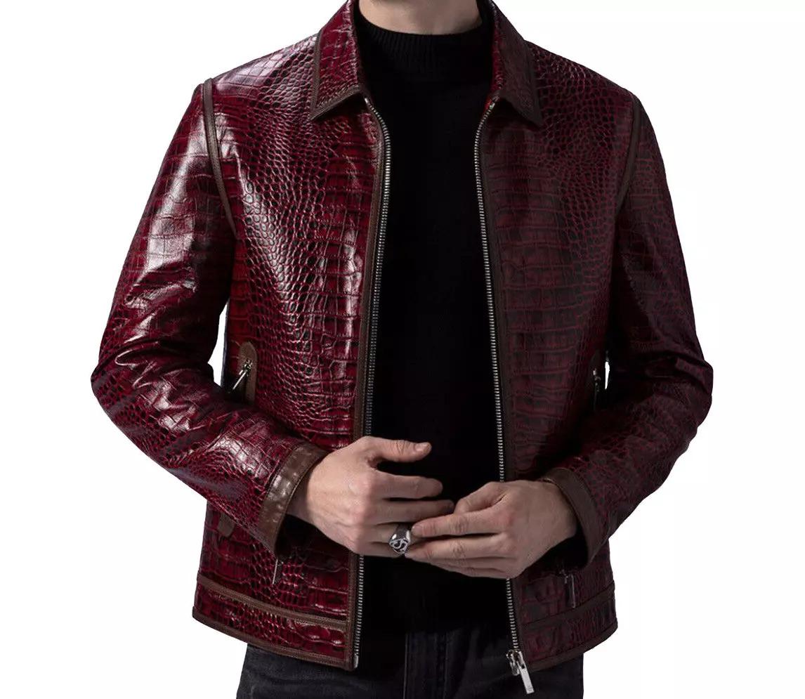 Burgundy Crocodile Embossed Genuine Leather Jacket - Men's Luxury