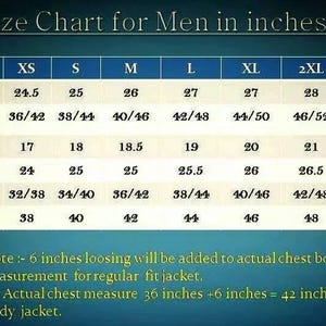 Puede incluir: Una tabla de tallas de chaquetas para hombre, que muestra las medidas en pulgadas. La tabla incluye tallas de XS a 3XL, con medidas de largo, pecho, hombro, manga, cintura y bajo. Se incluyen notas adicionales.