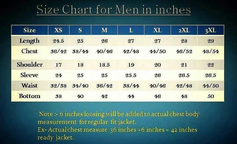 Puede incluir: Una tabla de tallas de chaquetas para hombre, que muestra las medidas en pulgadas. La tabla incluye tallas de XS a 3XL, con medidas de largo, pecho, hombro, manga, cintura y bajo. Se incluyen notas adicionales.