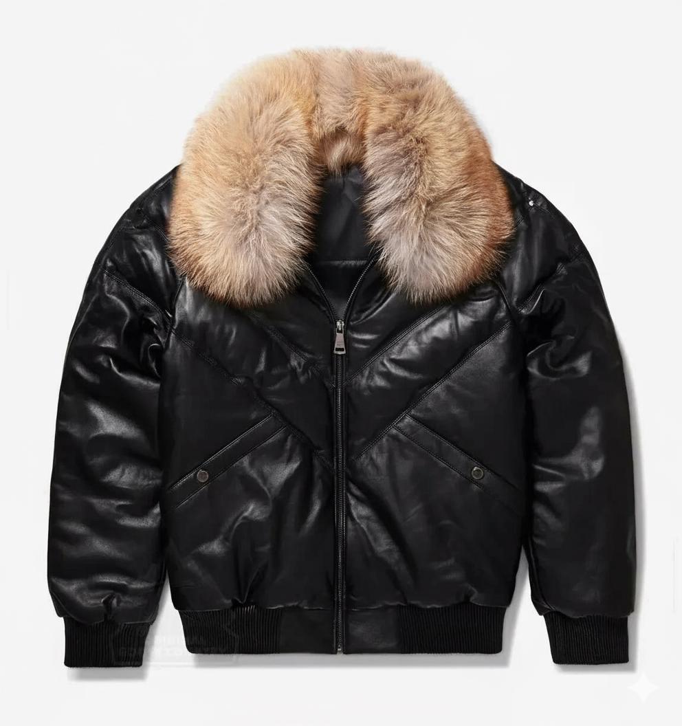 メンズ レザー V ボンバージャケット フォックスファーカラー バブル