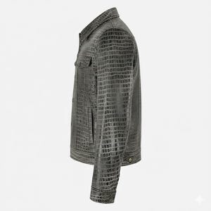 May include: A gray, textured jacket with a button-up front, two chest pockets, and two side pockets. The jacket has a crocodile skin pattern and a classic collar. The sleeves are long with buttoned cuffs. The jacket is made of a durable material.
