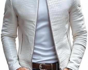 Chaqueta de piel de cocodrilo blanca de lujo para hombre: abrigo de diseño de piel auténtica