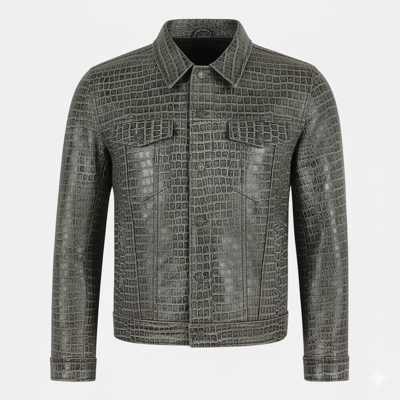 May include: A gray, textured jacket with a button-up front, two chest pockets, and a collared neckline. The jacket has a crocodile skin pattern and long sleeves with buttoned cuffs. The overall style is a classic denim jacket silhouette.