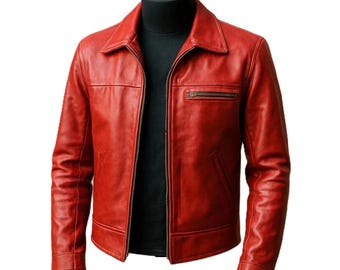 Handcrafted Men’s Red Lambskin Leather Trucker Jacket – Vintage Cafe Racer Clubwear Style