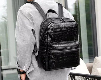 Men’s Genuine Leather Travel Backpack – Crocodile Pattern, 14 Inch Laptop Bag, Breathable Design