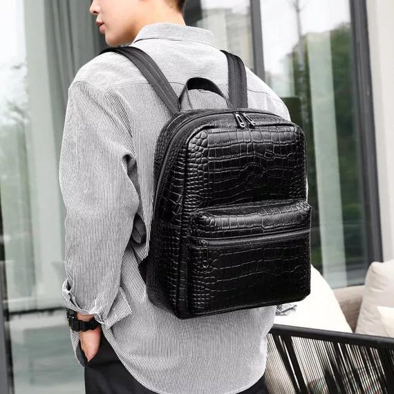 Mens Genuine Leather Travel Backpack Crocodile Pattern, 14 Inch Laptop Bag, Breathable Design Mens Genuine Leather Travel Backpack Crocodile Pattern, 14 Inch Laptop Bag, Breathable Design