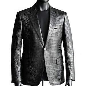 May include: A black blazer with a crocodile skin texture. The jacket features a notched lapel, a single-button closure, and two front pockets. The garment is displayed on a black mannequin.