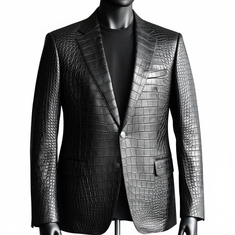 May include: A black blazer with a crocodile skin texture. The jacket features a notched lapel, a single-button closure, and two front pockets. The garment is displayed on a black mannequin.