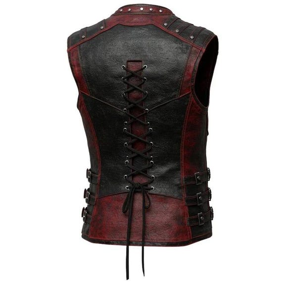 Men's Gothic Steampunk Leather Vest – Black & Red Vampire