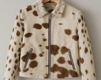 Women’s Genuine Cowhide Leather Jacket – Real Hair-On Cow Skin Natural Leather Coat
