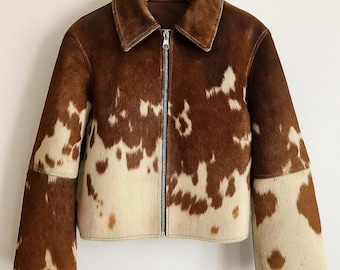 Hair-On Cowhide Leather Jacket: Western Style, Unique Multicolor Pattern