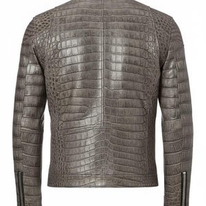 May include: A gray leather jacket with a crocodile skin texture. The jacket has a stand-up collar, long sleeves with zippered cuffs, and a tailored fit. The back view shows the intricate pattern and stitching details.