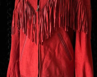 Women’s Red Fringe Leather Jacket – Genuine Western Cowgirl Coat with Tassel Detailing