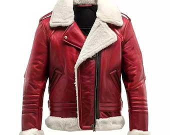 Chaqueta de cuero de oveja roja para hombre estilo motero – Regalo retro de invierno para motociclistas