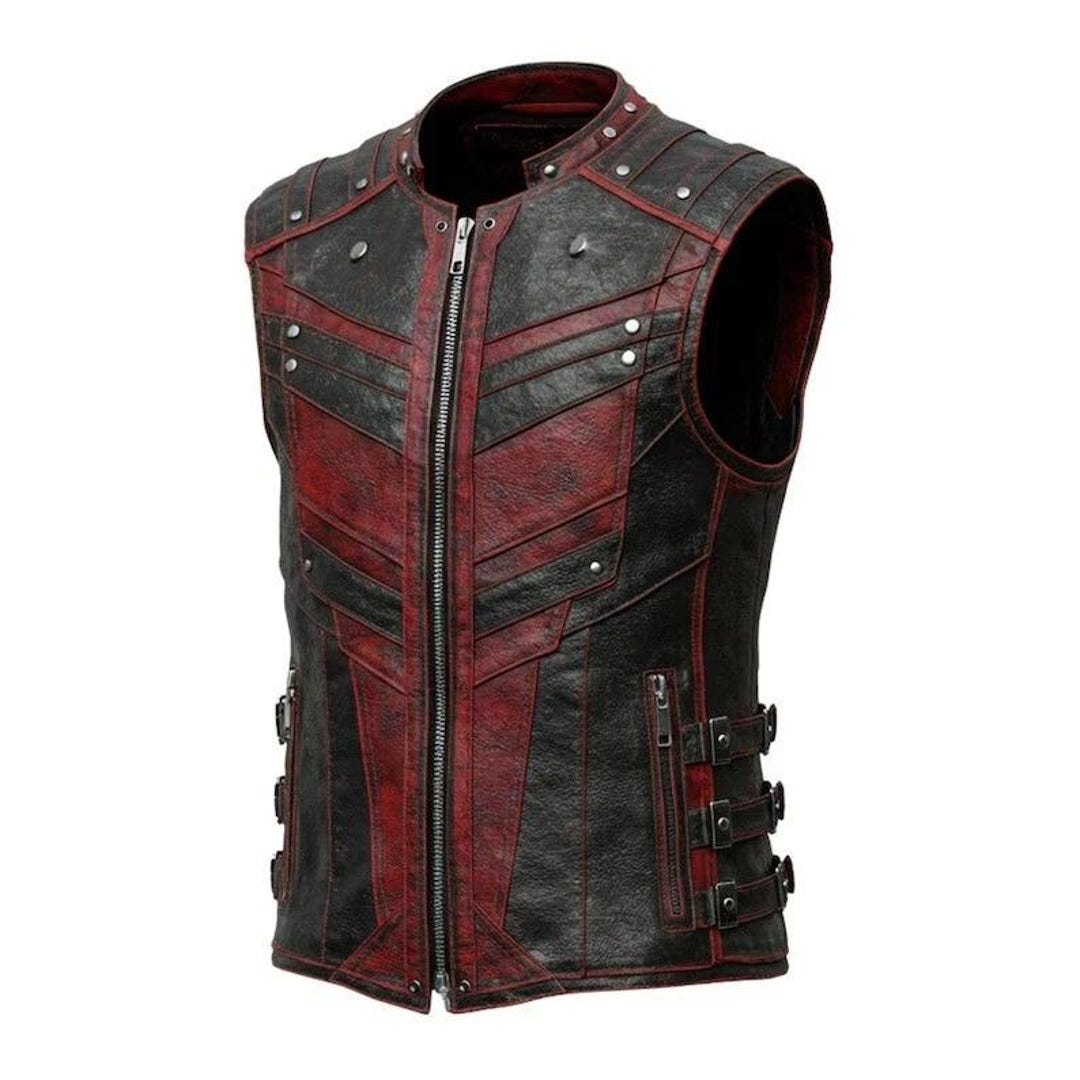 Men's Gothic Steampunk Leather Vest – Black & Red Vampire