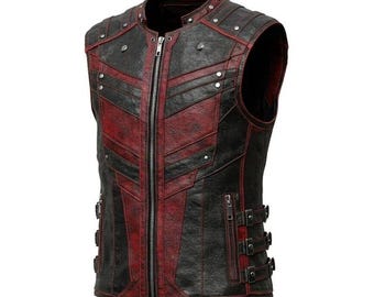 Men’s Gothic Steampunk Leather Vest – Black & Red Vampire Waistcoat, Punk Biker Halloween Costume