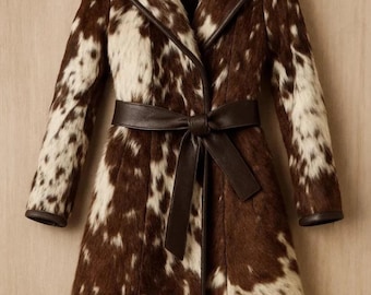 Vintage Women’s Hair-On Cowhide Leather Trench Coat – Genuine Pony Skin Western Style