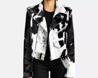 Genuine Hair-On Cowhide Leather Jacket: Western Multicolor Outerwear