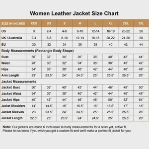 May include: A size chart for leather jackets with a grid displaying US, UK, Australia, and EU sizes from XXS to 3XL. It includes body measurements for bust, waist, hips, and arm length, plus jacket measurements in inches for a relaxed fit.