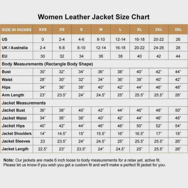 May include: A size chart for leather jackets with a grid displaying US, UK, Australia, and EU sizes from XXS to 3XL. It includes body measurements for bust, waist, hips, and arm length, plus jacket measurements in inches for a relaxed fit.