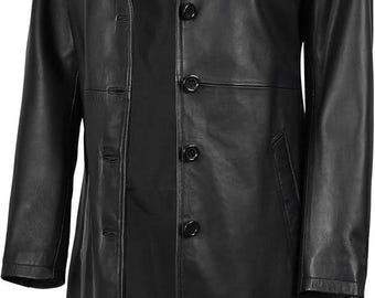 Men's Long Black Leather Trench Coat Genuine Sheep Button-up Men's Long Black Leather Trench Coat Genuine Sheep Button-up