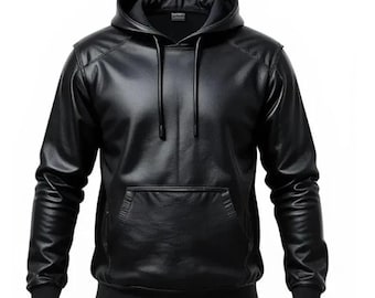 Sweat à capuche noir pour homme en cuir d'agneau : Streetwear fait main