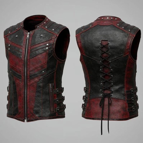 Men's Gothic Steampunk Leather Vest – Black & Red Vampire