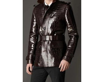Brown Crocodile Embossed Lambskin Leather Trench Coat: Vintage Style