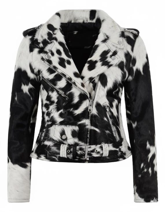Women’s Brando Biker Jacket – Genuine Cowhide Leather Hair-On Black Moto Jacket